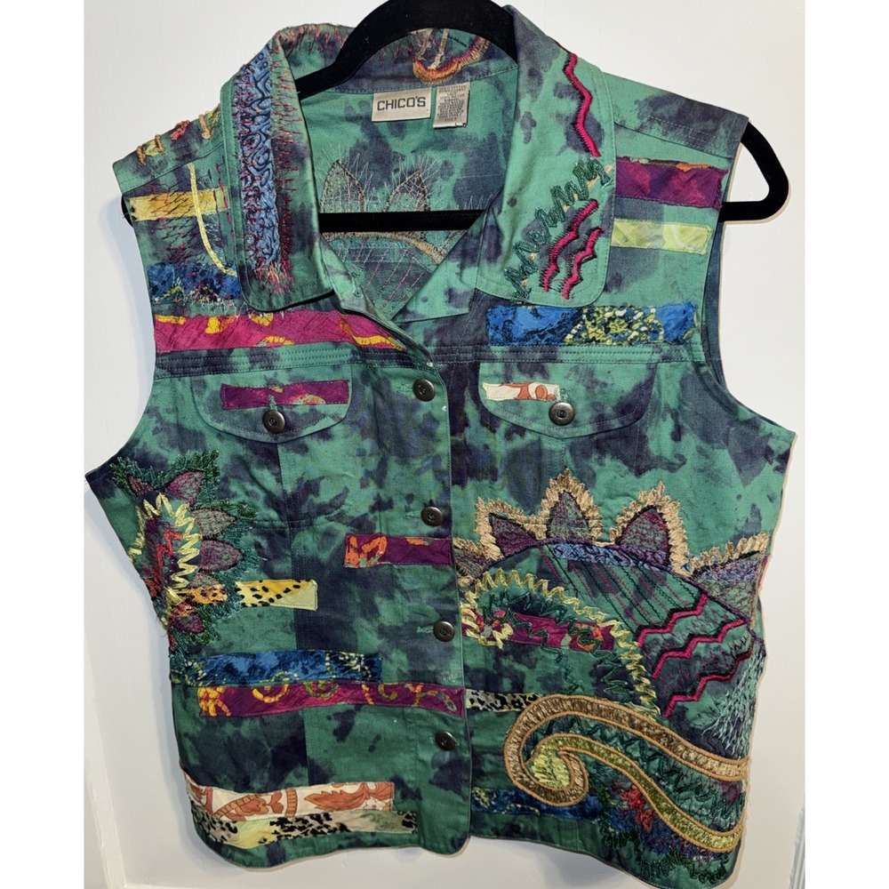 Chico's Embroidered Patchwork Denim Vest Boho Art to Wear Button Front
